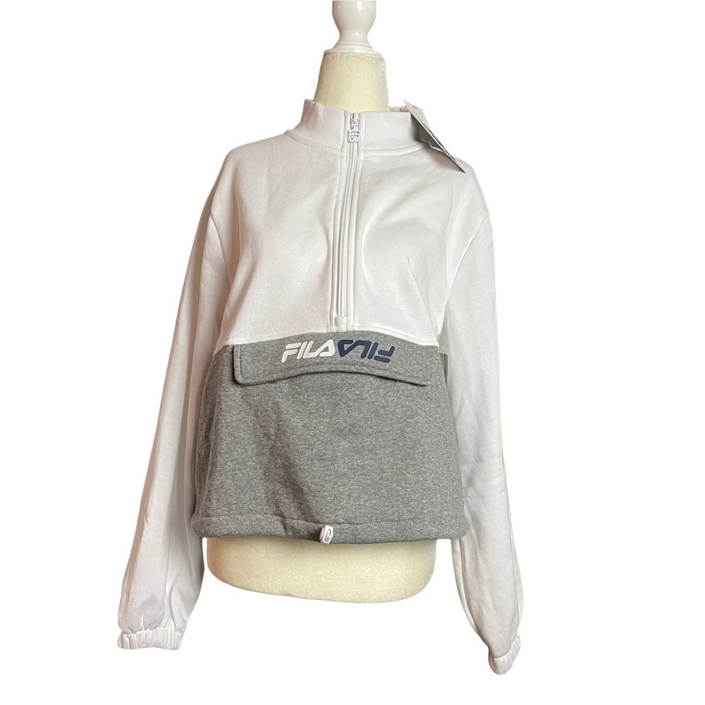 FILA Women’s Sweatshirt Sweater half zip pocket white gray NWT